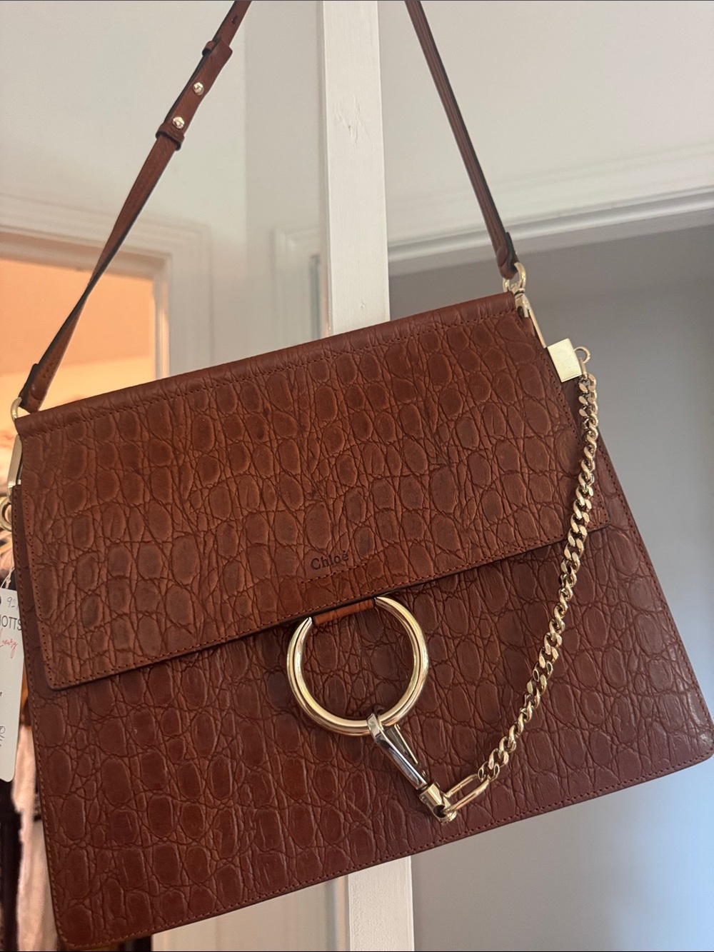 Chloe Croc-Embossed Brown leather Crossbody Bag with Gold Ring Accent. New